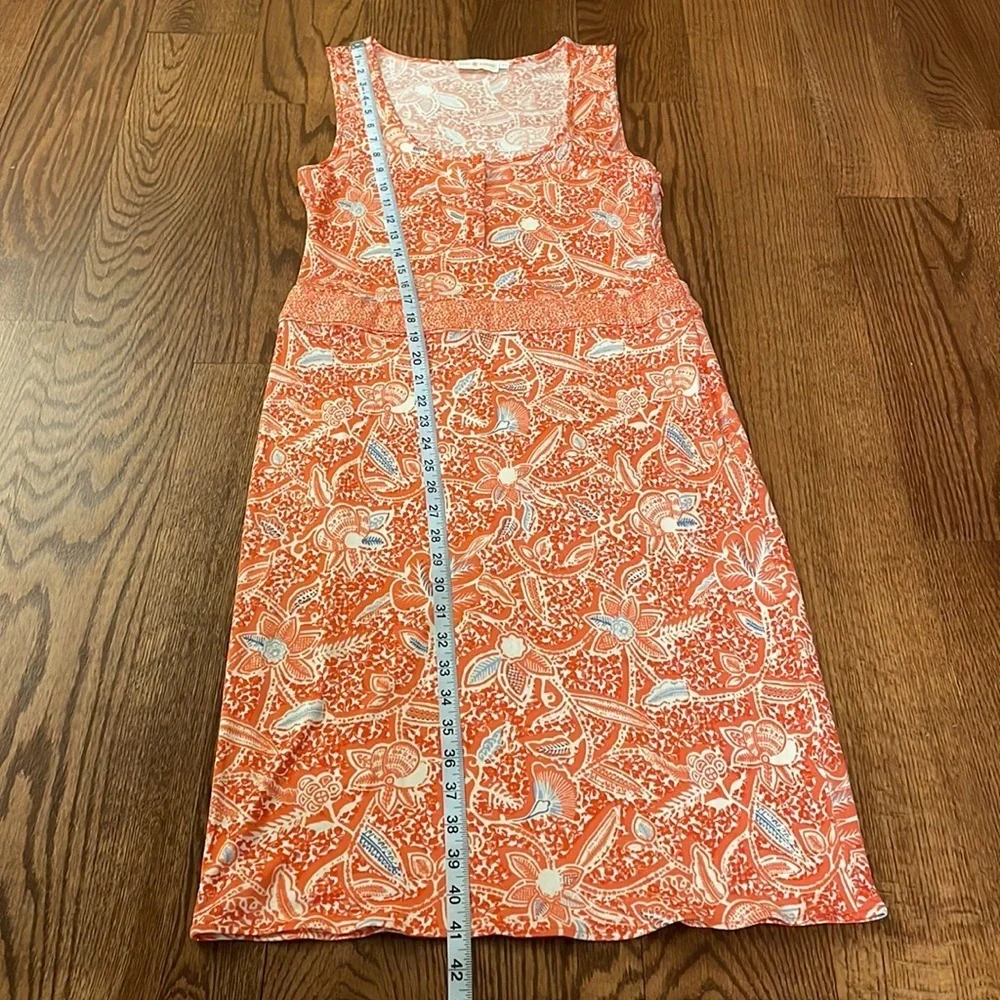 TORY BURCH orange floral stretchy SILK KNIT DRESS. Sleeveless zippered side Med
